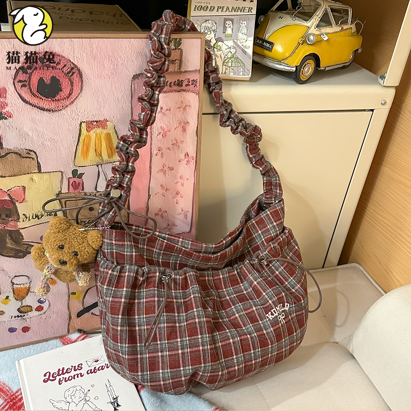 韩系百搭复古格子单肩斜挎女包