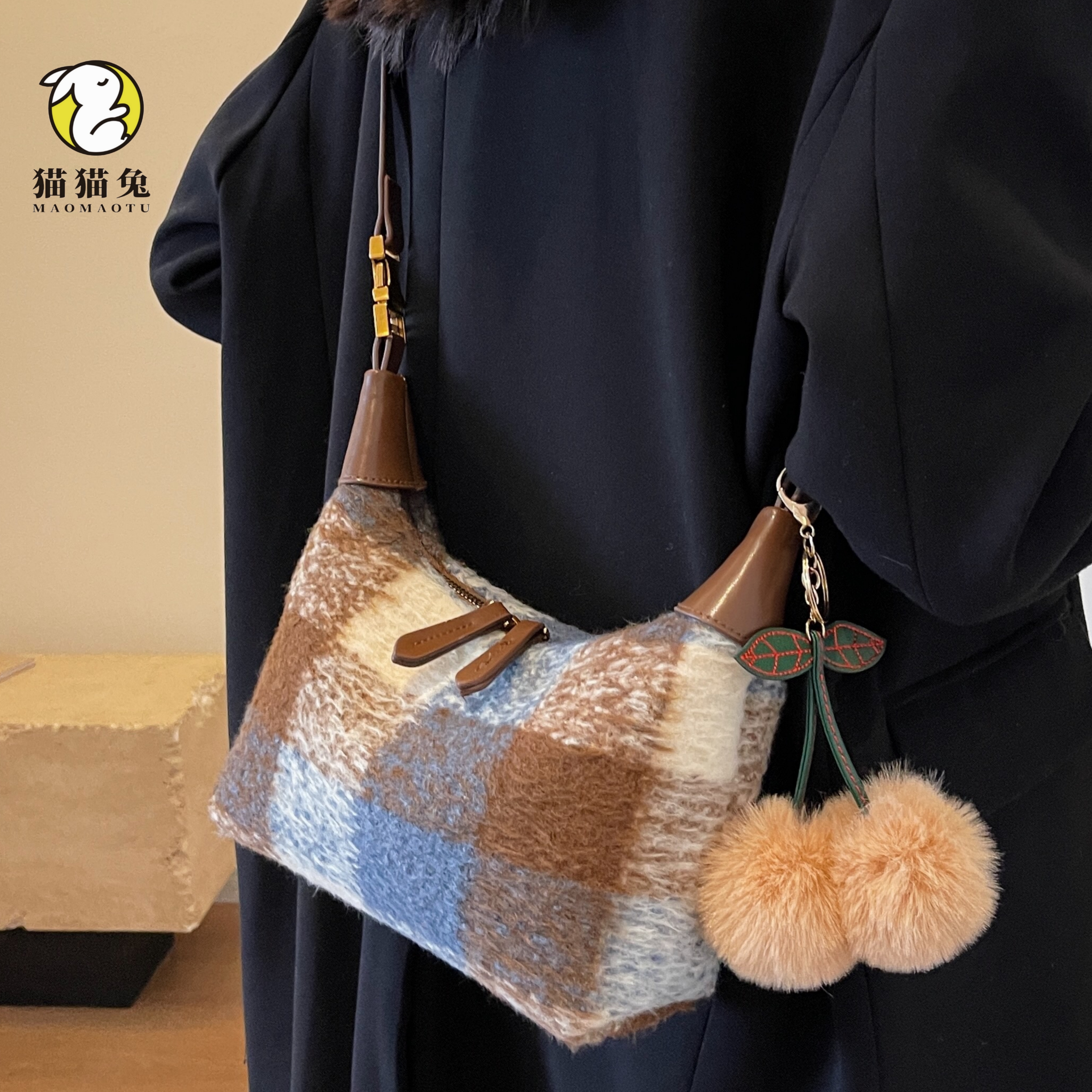 小众设计毛呢格子单肩斜挎包