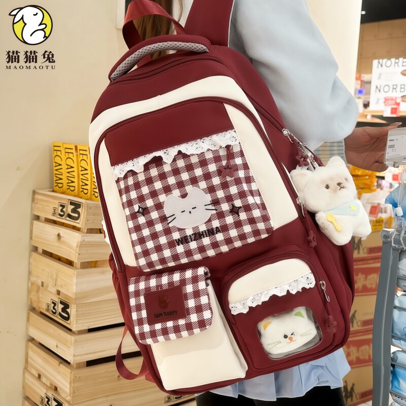 女童书包四至六年级大容量2025新款红色格子日系轻便初中双肩包女