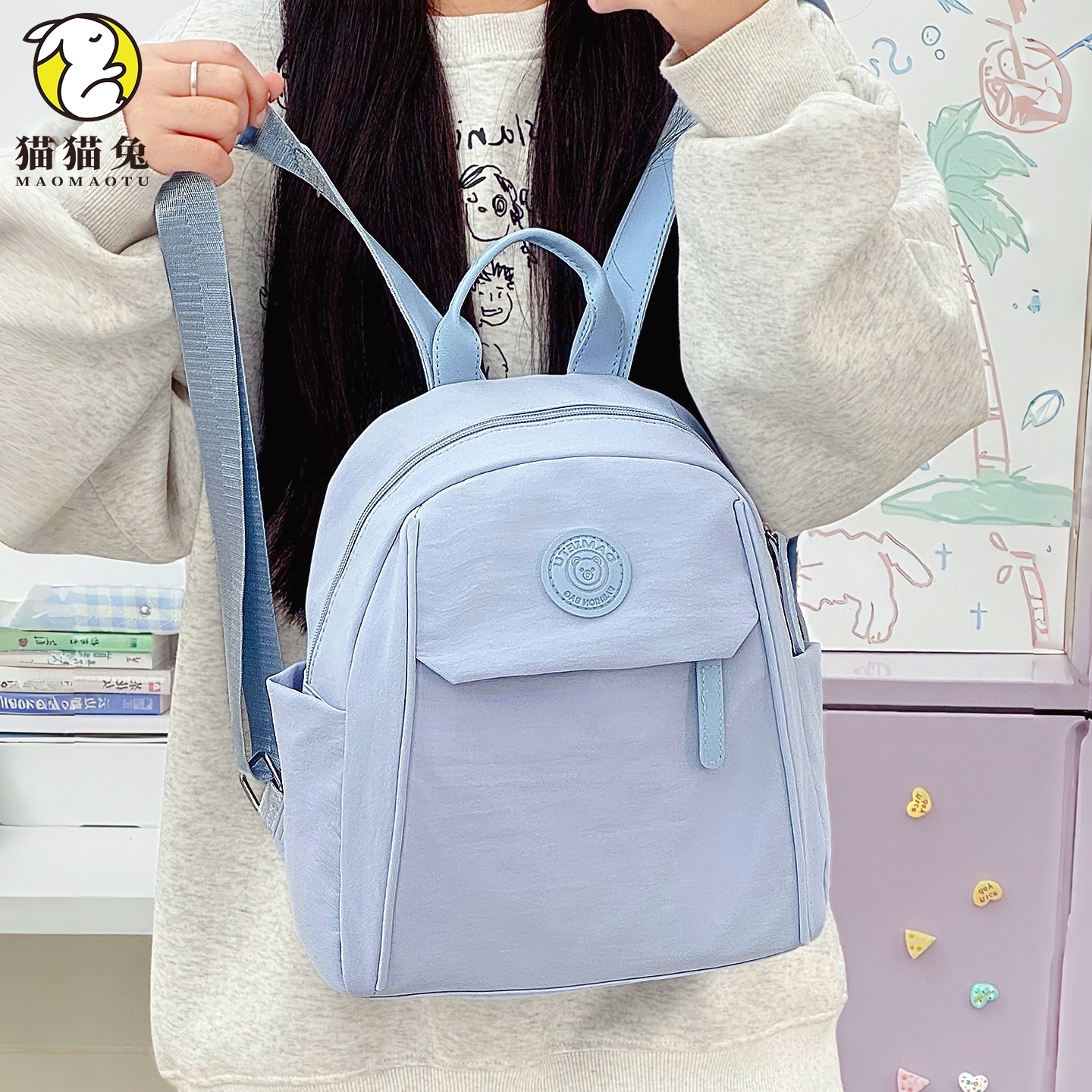 大学生蓝色轻便女小双肩包ins风