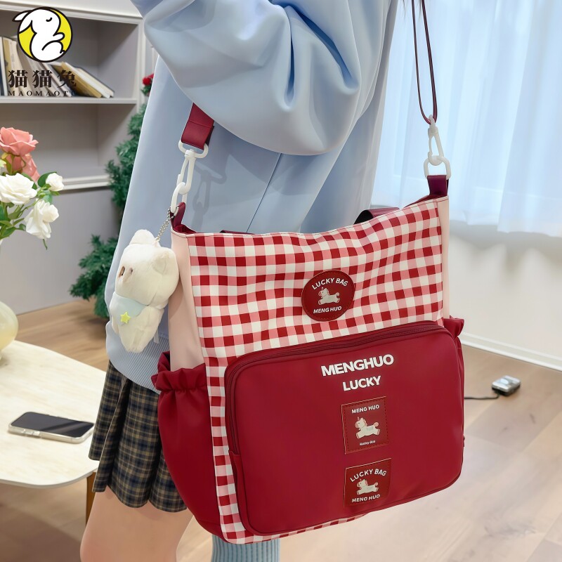 初中生高颜值补课包学生小众红色格子轻便手提袋大容量单肩斜挎包