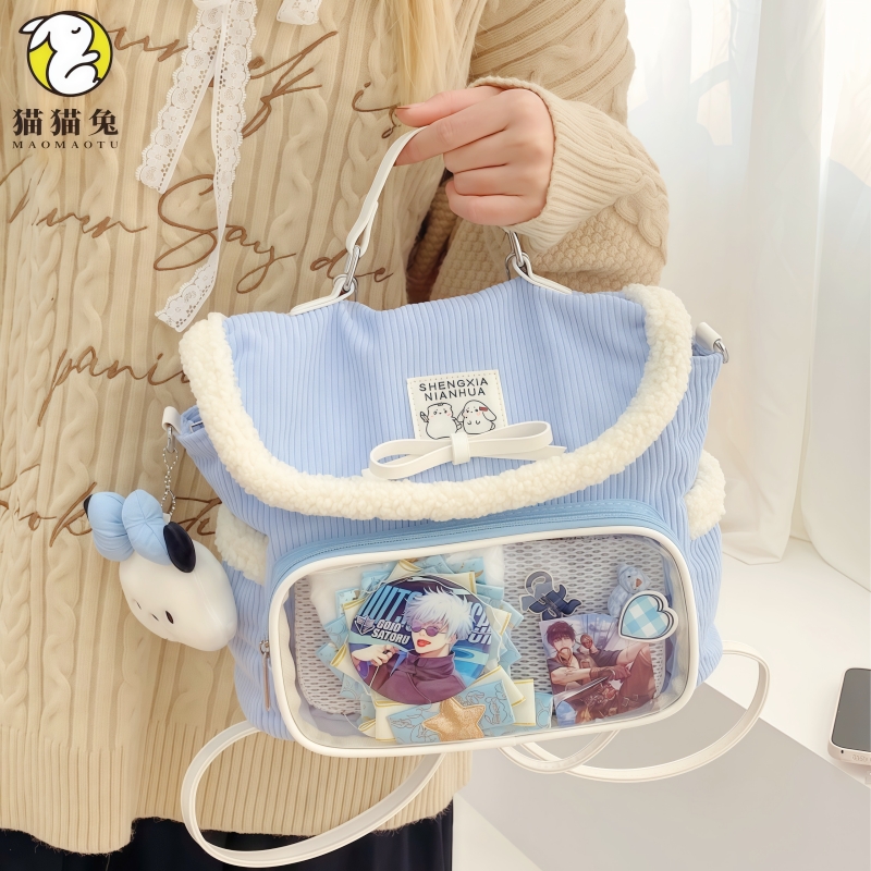 日系灯芯绒透明吧唧痛包双肩包