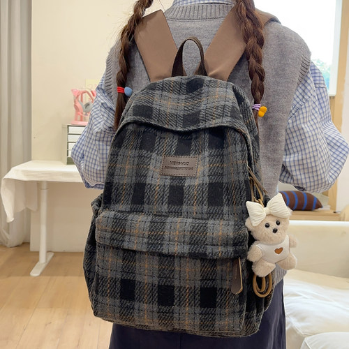 韩版氛围感格纹书包双肩包小众