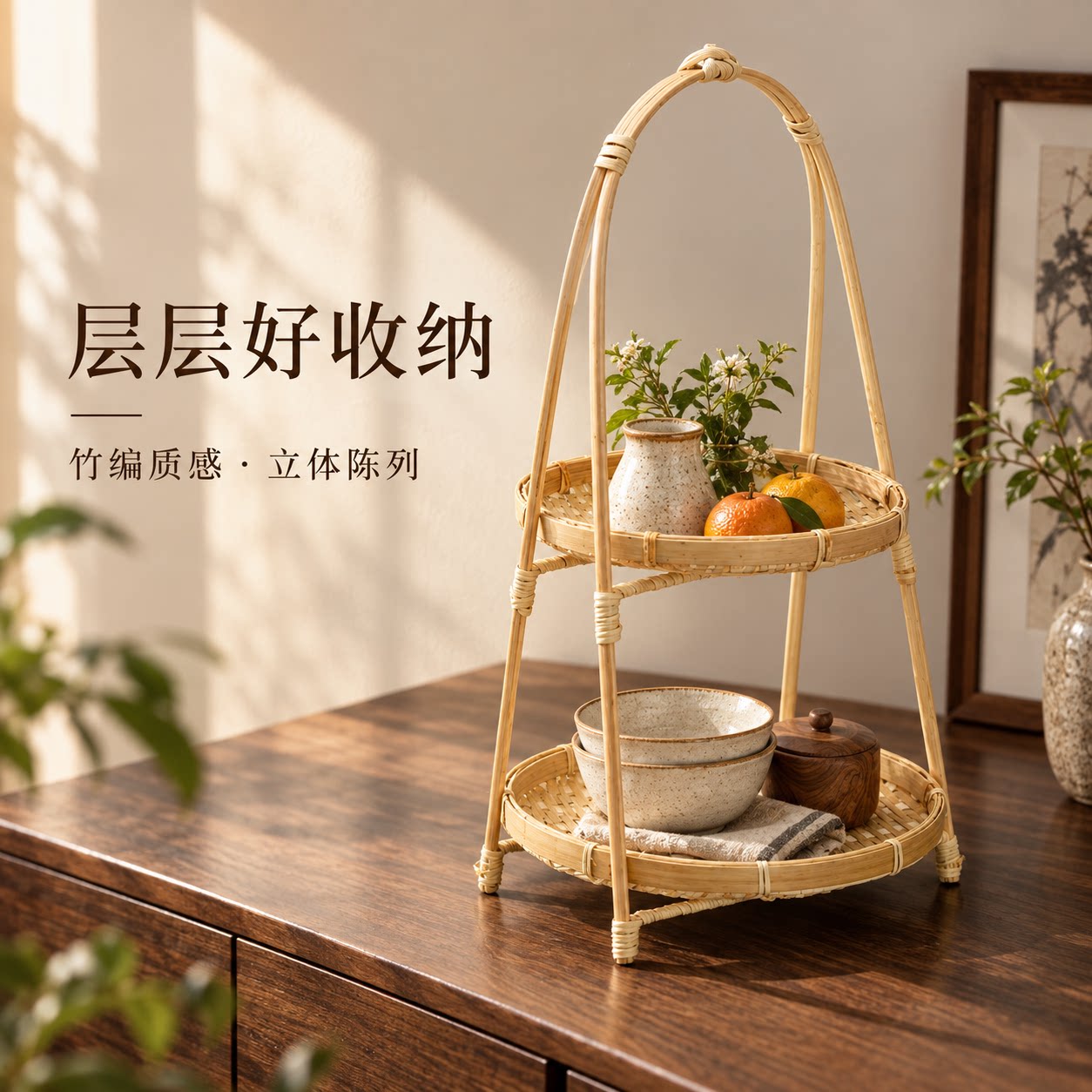 手工圆形提手篮茶点水果篮子糕点托盘创意小提篮多层编簸箕篮子
