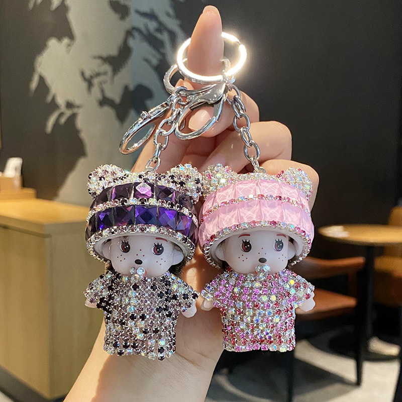 创意镶钻蒙奇奇公仔钥匙扣女可爱毛绒娃娃汽车钥Y匙链挂件礼物