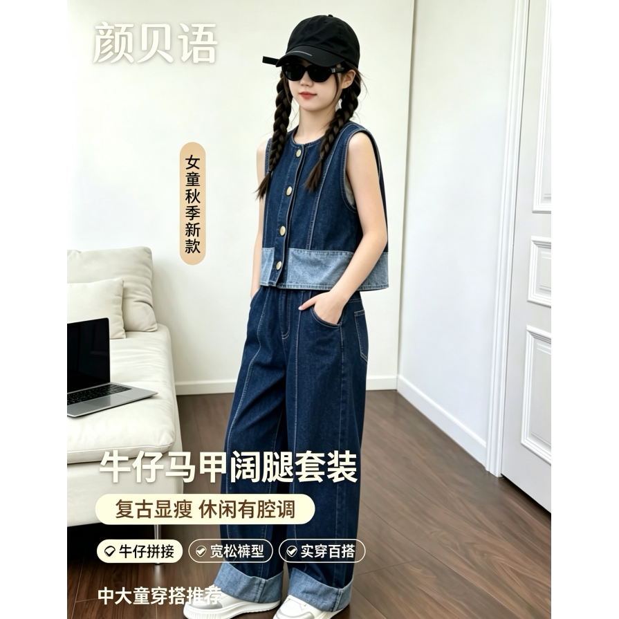颜贝语复古牛仔马甲阔腿裤女童两件套春秋洋气时髦套装