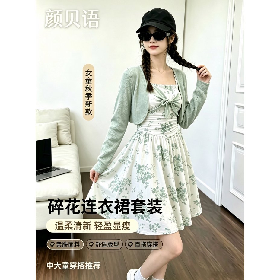 颜贝语甜美碎花连衣裙女春秋温柔风吊带裙两件套收腰显瘦