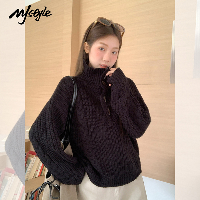 MJ STYLE黑色高领毛衣外套女2025秋冬新款牛角扣百搭麻花针织上衣