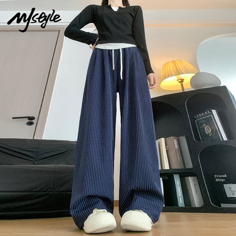 MJSTYLE抽绳条纹阔腿裤女