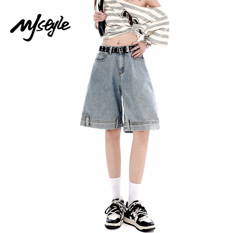 MJ STYLE美式宽松牛仔裤女2026年夏季新款短裤高腰设计感阔腿裤子