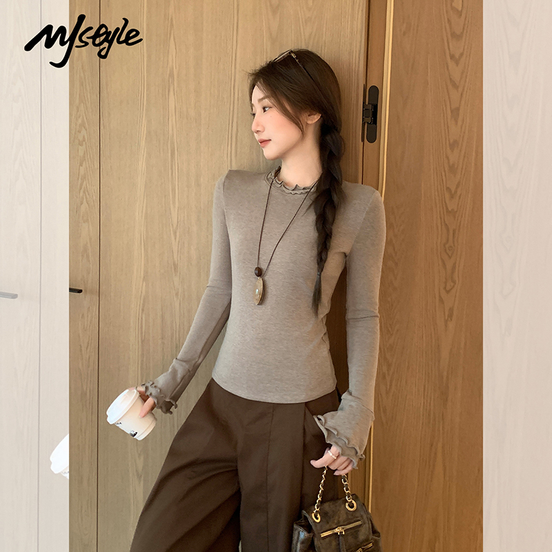 MJ STYLE半高领修身打底衫女2025秋冬新款木耳边设计感长袖t恤