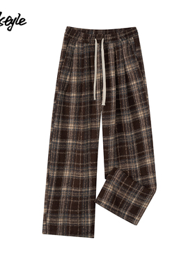 MJ STYLE格子休闲裤女设计感2025春秋新款高腰窄版直筒裤阔腿长裤