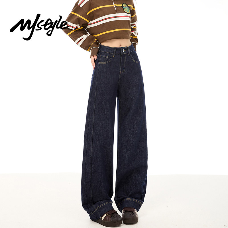 MJ STYLE丹宁蓝窄版直筒牛仔裤女2056春季新款宽松显瘦阔腿裤子