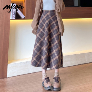 MJ STYLE复古咖色格子裙女2025秋季新款a字裙高腰小个子半身裙