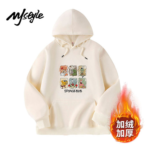 MJSTYLE纯色加绒连帽印花卫衣女