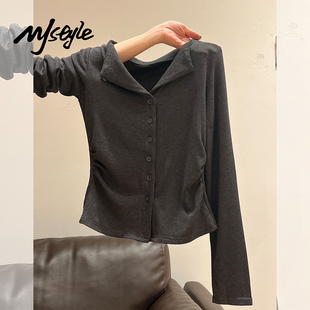 STYLE灰色长袖 V领收腰修身 开衫 新款 显瘦T恤打底上衣 女2025秋季