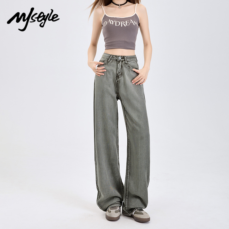 MJSTYLE复古天丝高腰显瘦牛仔裤