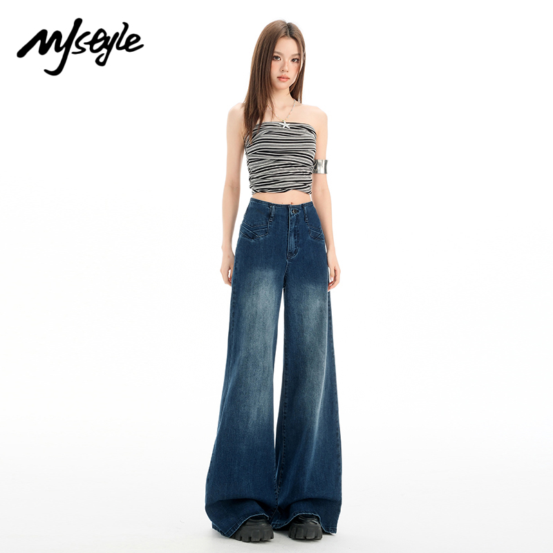 MJSTYLE美式复古色阔腿牛仔裤女