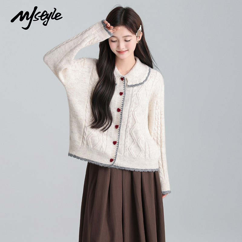 MJSTYLE杏色娃娃领纽扣针织衫女