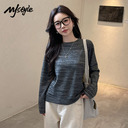 MJ STYLE韩系条纹长袖T恤女2025秋季新款圆领修身显瘦打底衫上衣