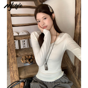 STYLE简约白色u领修身 上衣性感长袖 打底衫 新款 t恤 女2025秋季