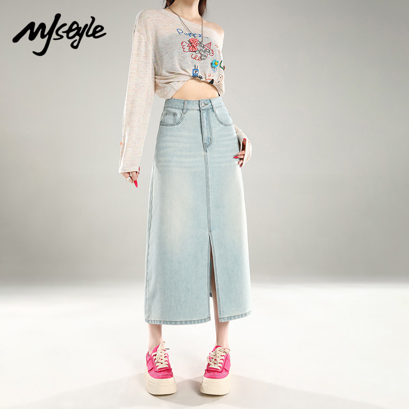 MJ STYLE怀旧蓝浅色A字牛仔裙2026年百搭裙裤高腰显瘦大码半身裙
