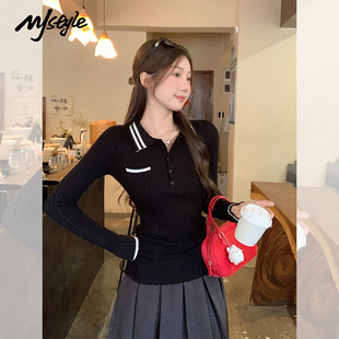 MJ STYLE韩系撞色polo领针织衫女2025秋冬新款打底设计感修身上衣