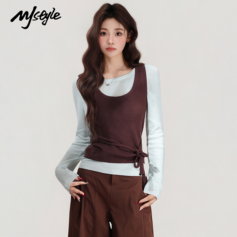 MJSTYLE假两件针织背心长袖上衣