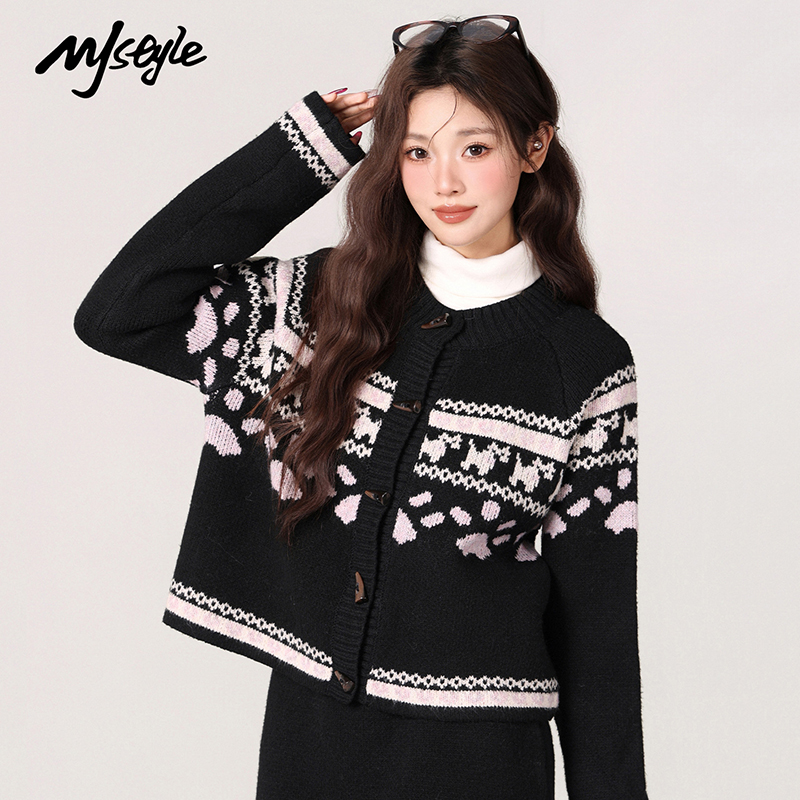 MJSTYLE圆领提花针织毛衣套装女