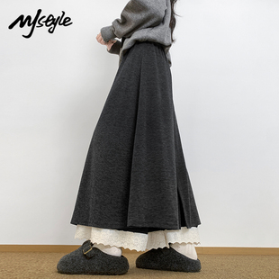 女2025秋冬拼接蕾丝屁帘休闲裤 阔腿裤 STYLE韩系假两件拼接裙裤