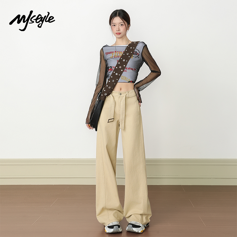 MJSTYLE美式卡其腰带牛仔裤女秋