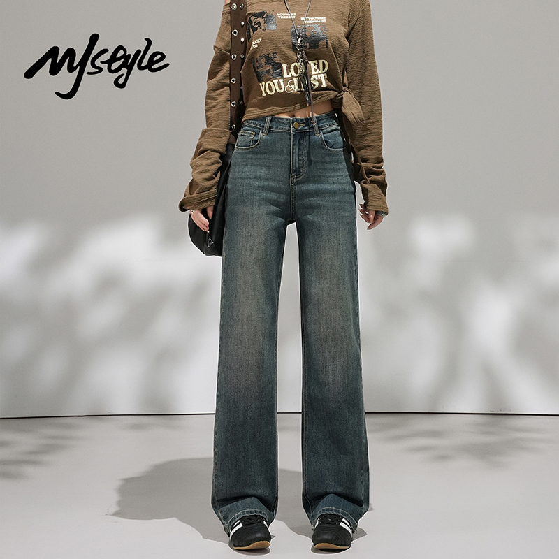 MJSTYLE高腰窄版阔腿牛仔裤女