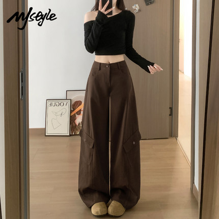 MJ STYLE复古阔腿弯刀休闲裤女2025秋季新款高腰直筒宽松工装长裤