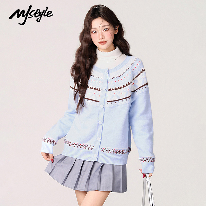 MJSTYLE蓝色针织开衫毛衣外套女