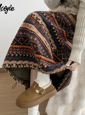 MJ STYLE费尔岛摇粒绒半身裙女冬季新款裙子下摆抽绳两穿灯笼裙