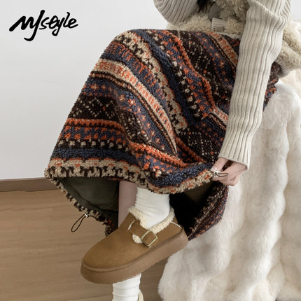 MJ STYLE费尔岛摇粒绒半身裙女2025冬季新款下摆抽绳两穿灯笼裙