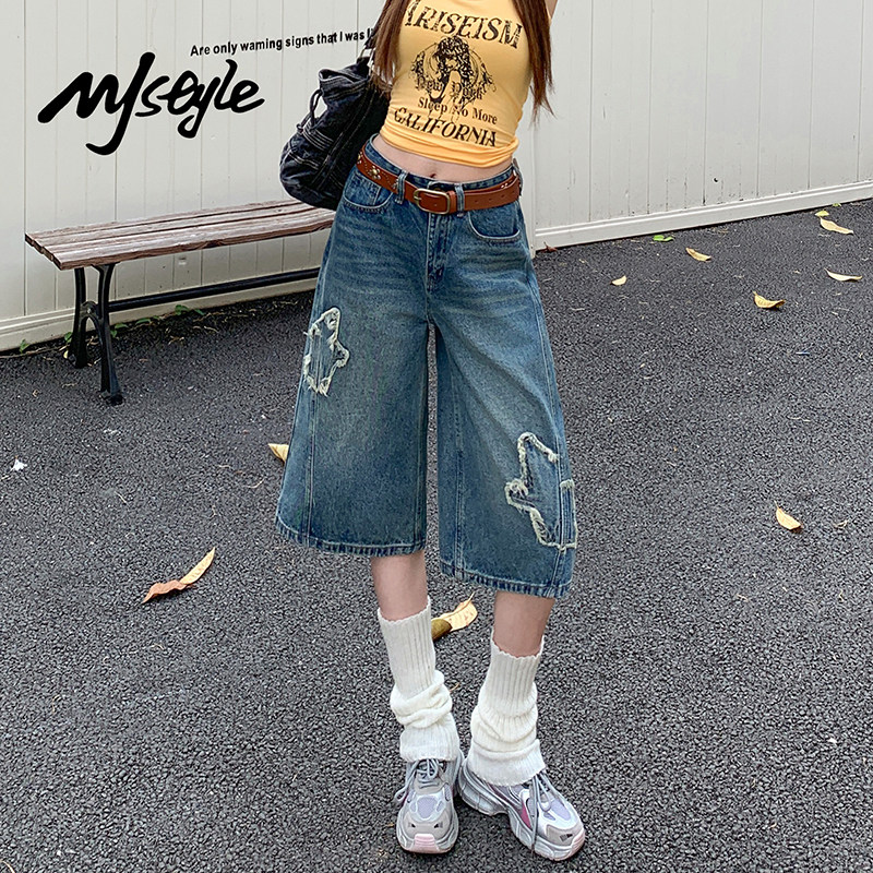 MJ STYLE美式复古直筒阔腿七分牛仔裤女夏2026新款小个子八分中裤