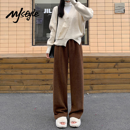 MJ STYLE麦穗纹加绒阔腿裤女2025秋冬新款裤子高腰小个子直筒裤