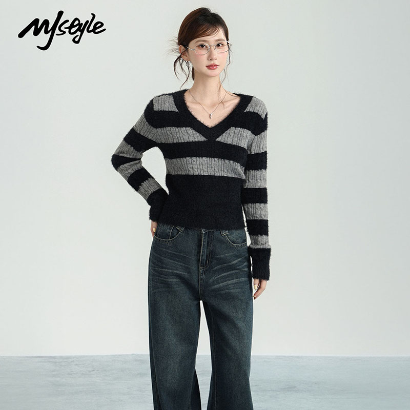 MJSTYLE条纹撞色V领毛衣女新款