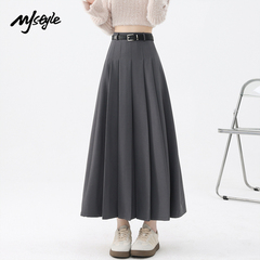MJ STYLE灰色百褶西装裙女秋冬半身裙高腰休闲大摆a字过膝中长裙