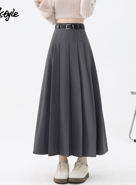 MJ STYLE灰色百褶西装裙女秋冬半身裙高腰休闲大摆a字过膝中长裙