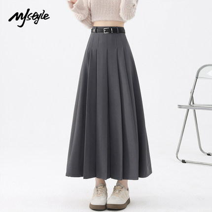MJ STYLE灰色百褶西装裙女秋冬半身裙高腰休闲大摆a字过膝中长裙