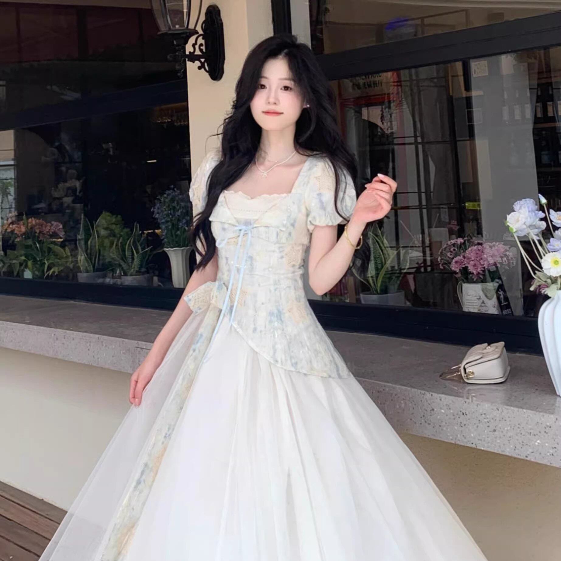 大码胖mm夏季新款设计感假两件甜美短袖连衣裙女装修身显瘦长裙子