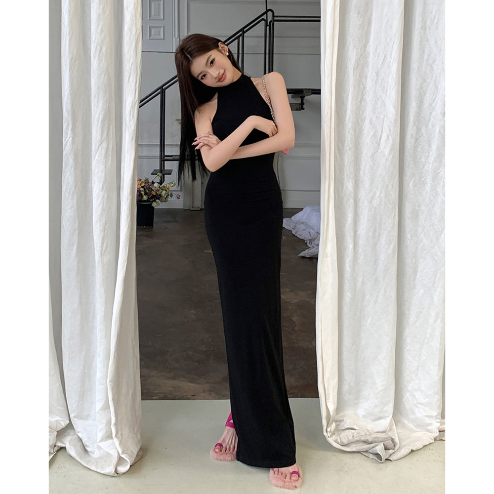 实拍2026春夏新款设计无袖气质高领修身后开叉高级感连衣裙女长裙