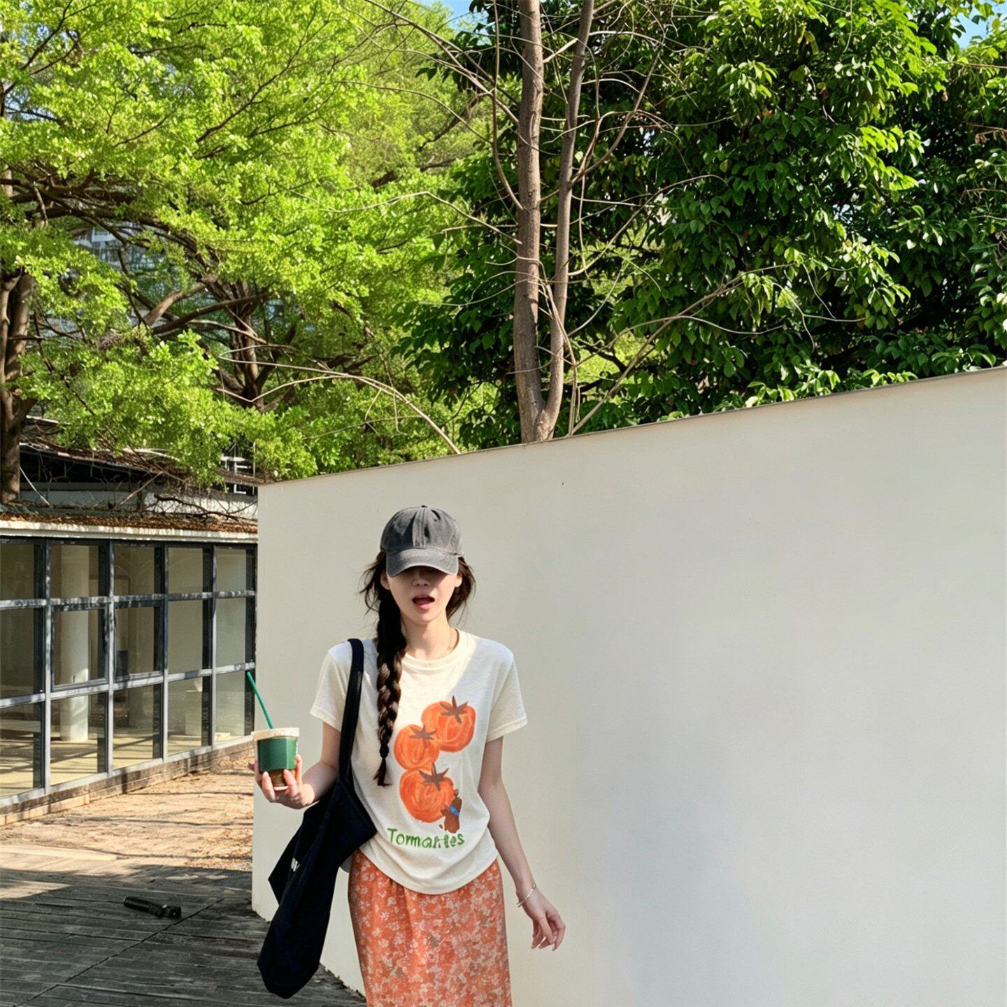 实拍实价甜美少女卡通番茄印花宽松短袖上衣小碎花A字半身裙