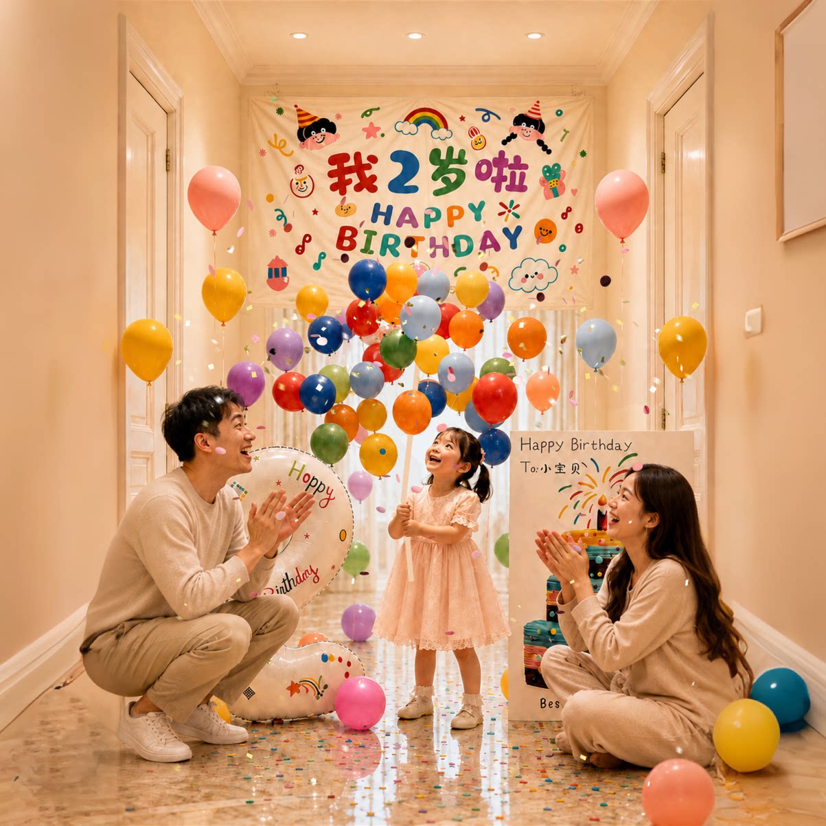 儿童女孩2岁生日拉绳气球雨场景布置派对装饰男孩5岁3岁拉绳挂布4