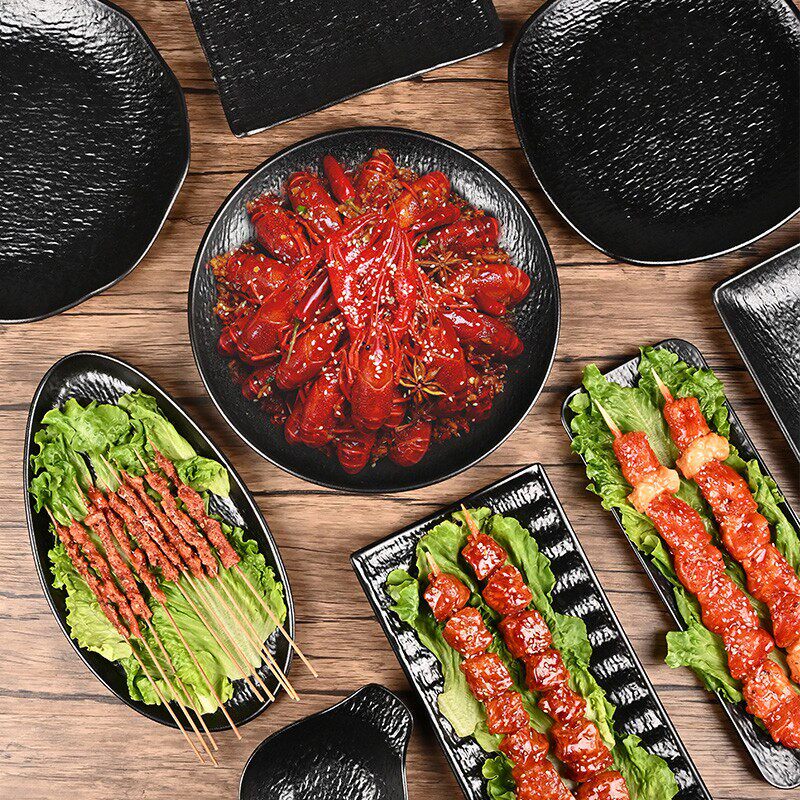 简约密胺仿瓷餐具肠粉盘子火锅生菜烤肉大盘子黑色磨砂烧烤碟子