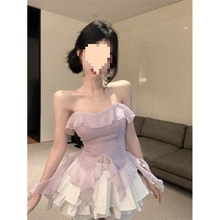 上衣女装 性感辣妹荷叶边雪纺抹胸背心2025春夏设计感修身 束腰短款