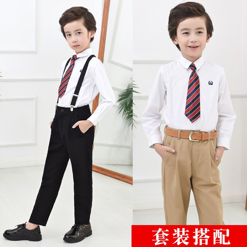 男童黑色西裤儿童纯棉长裤春秋中大童学生深蓝色校服裤白色西装裤