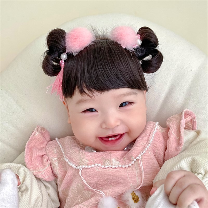婴儿发箍红色汉服周岁生日抓阄过年女童假发头饰宝宝新年发饰头箍